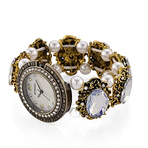 Strada White AB Glass and White Resin Pearl SL68 Quartz Movement Stretch Bracelet Watch in Goldtone