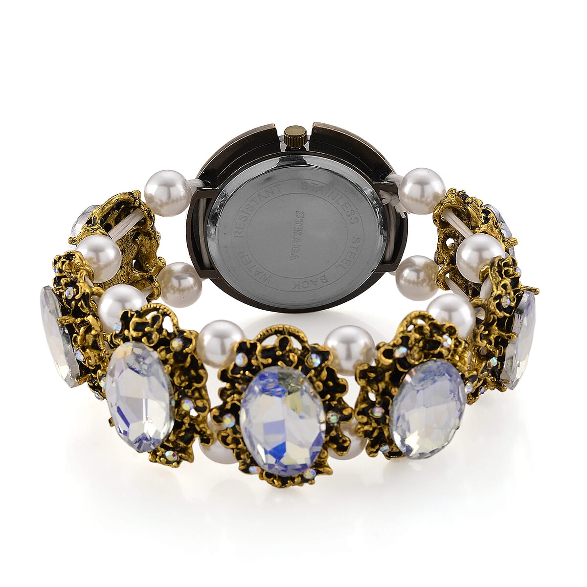 Strada White AB Glass and White Resin Pearl SL68 Quartz Movement Stretch Bracelet Watch in Goldtone image number 4