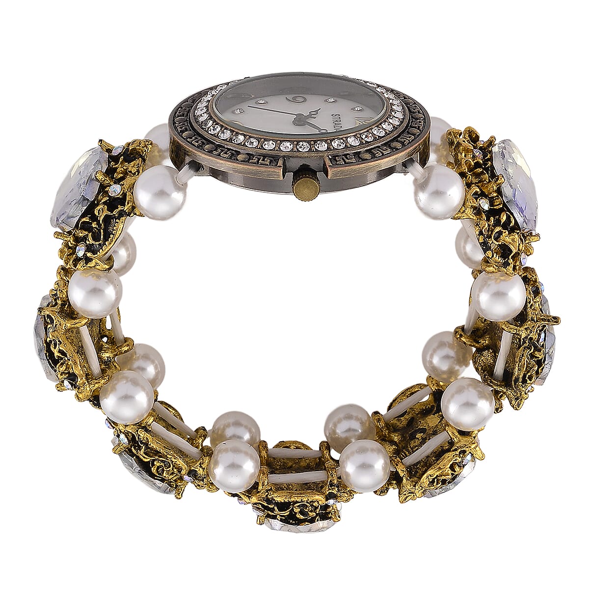 Strada White AB Glass and White Resin Pearl SL68 Quartz Movement Stretch Bracelet Watch in Goldtone image number 5