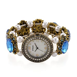 Strada Blue Glass and White Resin Pearl SL68 Quartz Movement Stretch Bracelet Watch in Goldtone