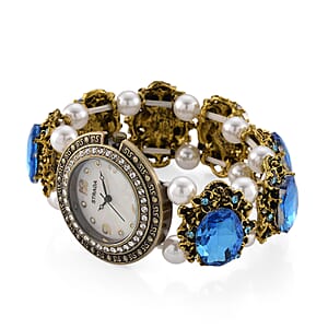 Strada Blue Glass and White Resin Pearl SL68 Quartz Movement Stretch Bracelet Watch in Goldtone