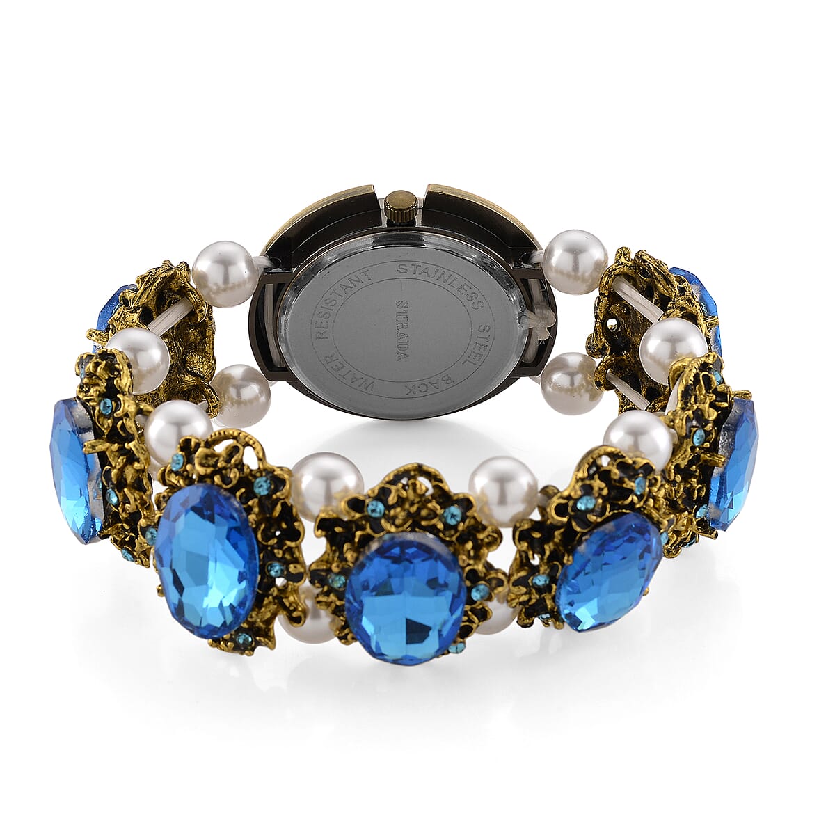 Strada Blue Glass and White Resin Pearl SL68 Quartz Movement Stretch Bracelet Watch in Goldtone image number 4