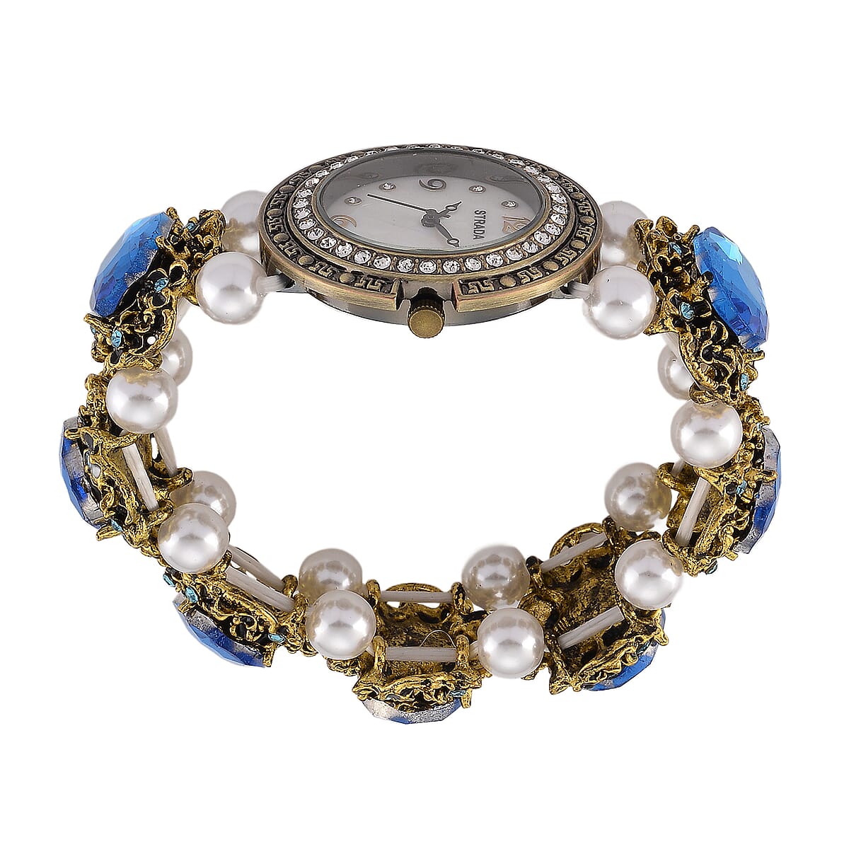 Strada Blue Glass and White Resin Pearl SL68 Quartz Movement Stretch Bracelet Watch in Goldtone image number 5