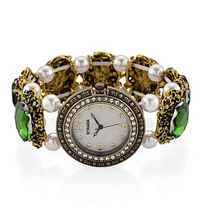 Strada Green Glass and White Resin Pearl SL68 Quartz Movement Stretch Bracelet Watch in Goldtone
