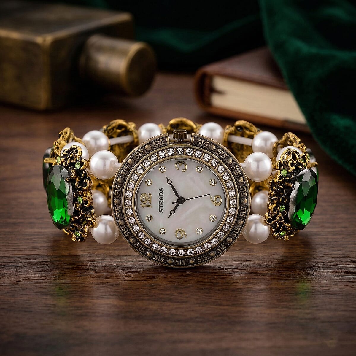 Strada Green Glass and White Resin Pearl SL68 Quartz Movement Stretch Bracelet Watch in Goldtone image number 1