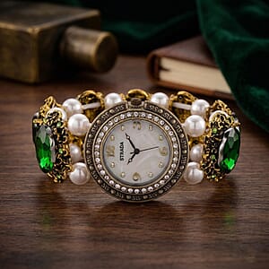Strada Green Glass and White Resin Pearl SL68 Quartz Movement Stretch Bracelet Watch in Goldtone