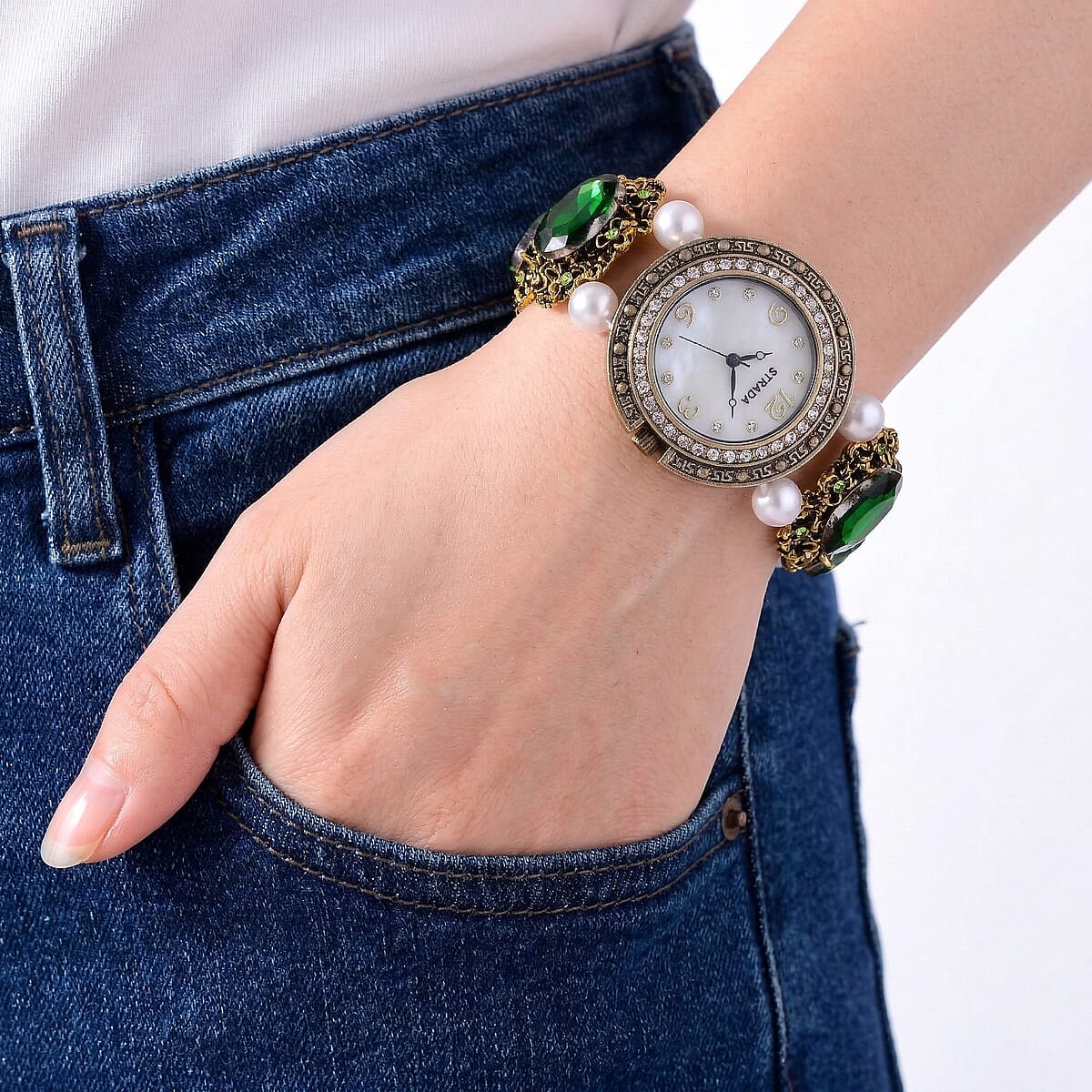 Strada Green Glass and White Resin Pearl SL68 Quartz Movement Stretch Bracelet Watch in Goldtone image number 2