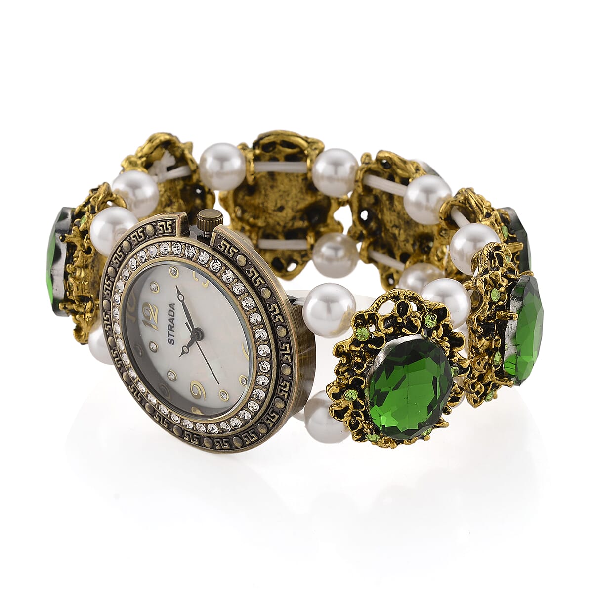 Strada Green Glass and White Resin Pearl SL68 Quartz Movement Stretch Bracelet Watch in Goldtone image number 3