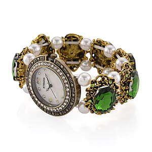 Strada Green Glass and White Resin Pearl SL68 Quartz Movement Stretch Bracelet Watch in Goldtone