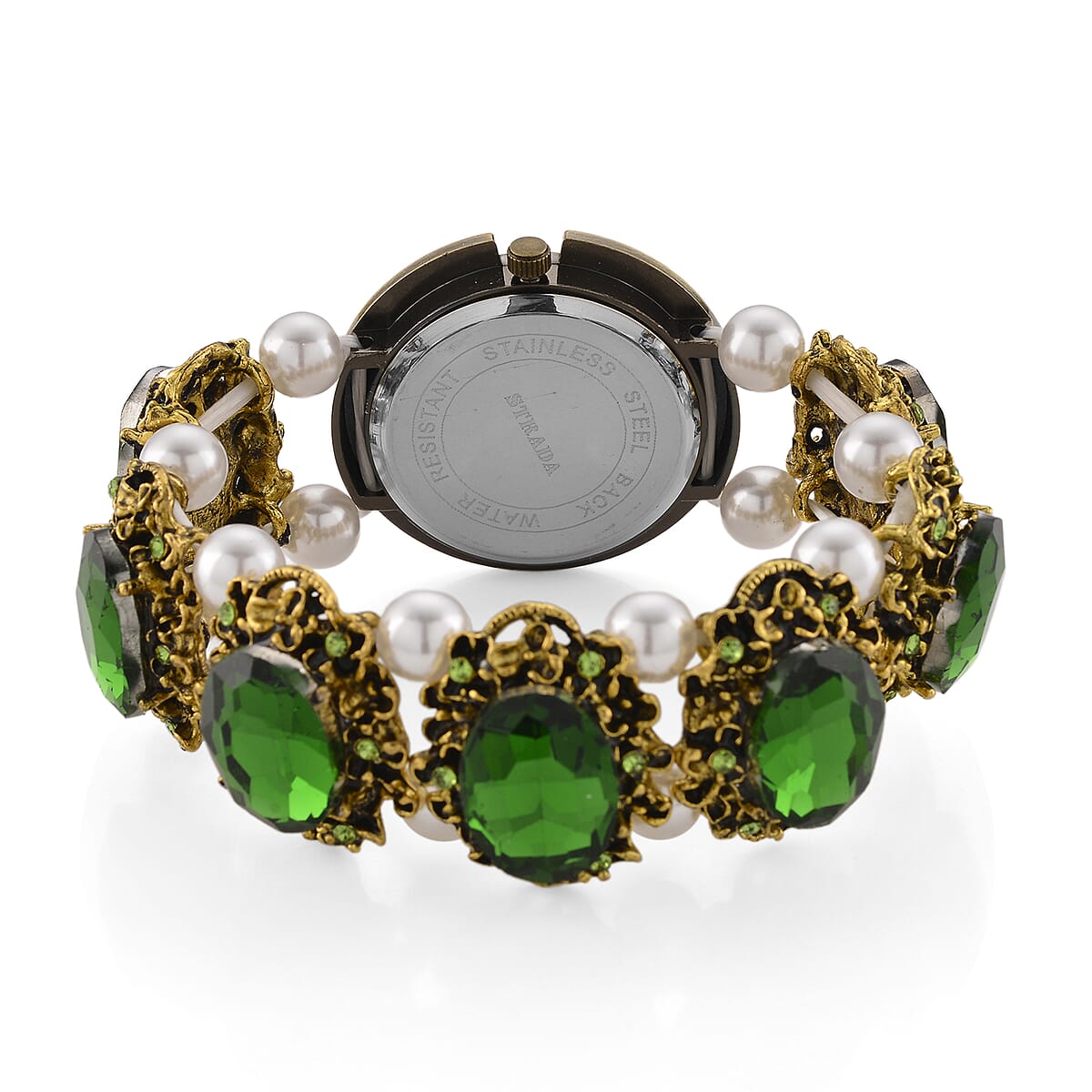 Strada Green Glass and White Resin Pearl SL68 Quartz Movement Stretch Bracelet Watch in Goldtone image number 4