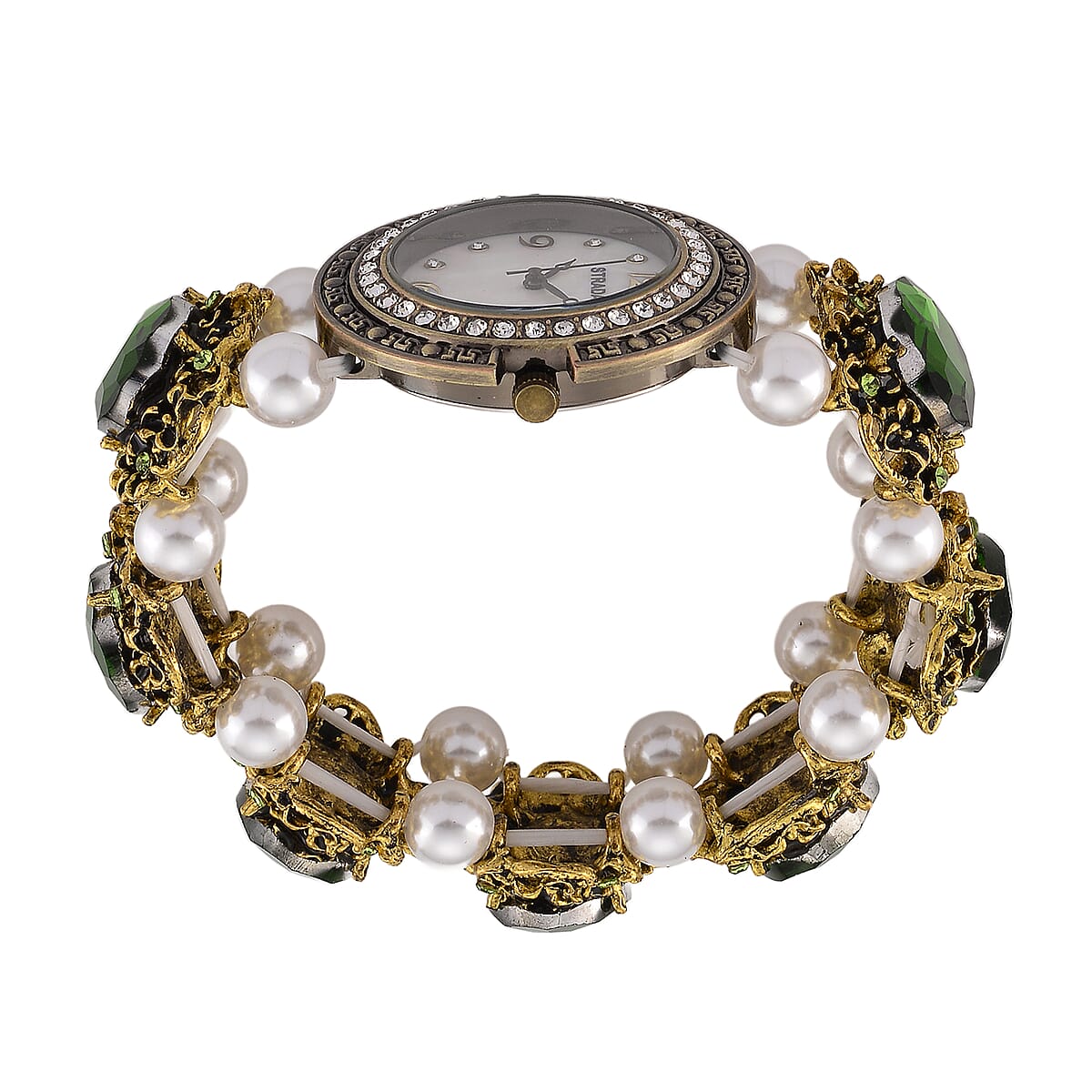Strada Green Glass and White Resin Pearl SL68 Quartz Movement Stretch Bracelet Watch in Goldtone image number 5