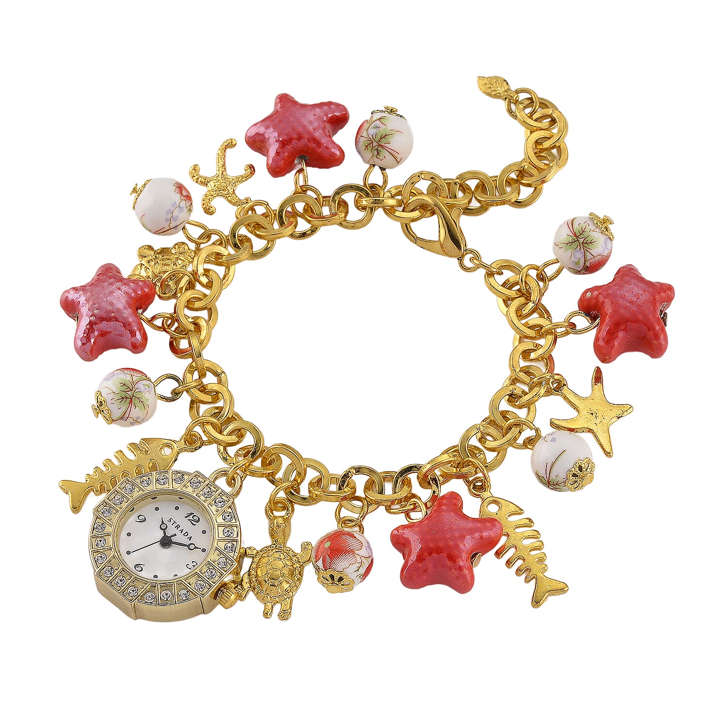 Strada SL68 Quartz Movement Stretch Bracelet Watch Red Ceramic Beads and Oceanic Charms in Goldtone