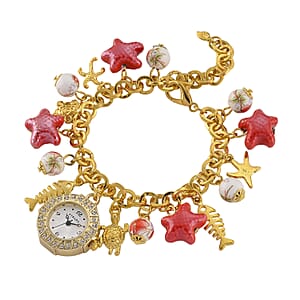 Strada SL68 Quartz Movement Stretch Bracelet Watch Red Ceramic Beads and Star, Charms in Goldtone