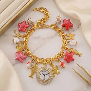 Strada SL68 Quartz Movement Stretch Bracelet Watch Red Ceramic Beads and Star, Charms in Goldtone