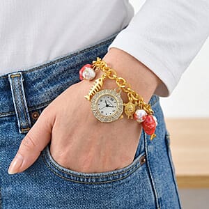 Strada SL68 Quartz Movement Stretch Bracelet Watch Red Ceramic Beads and Star, Charms in Goldtone