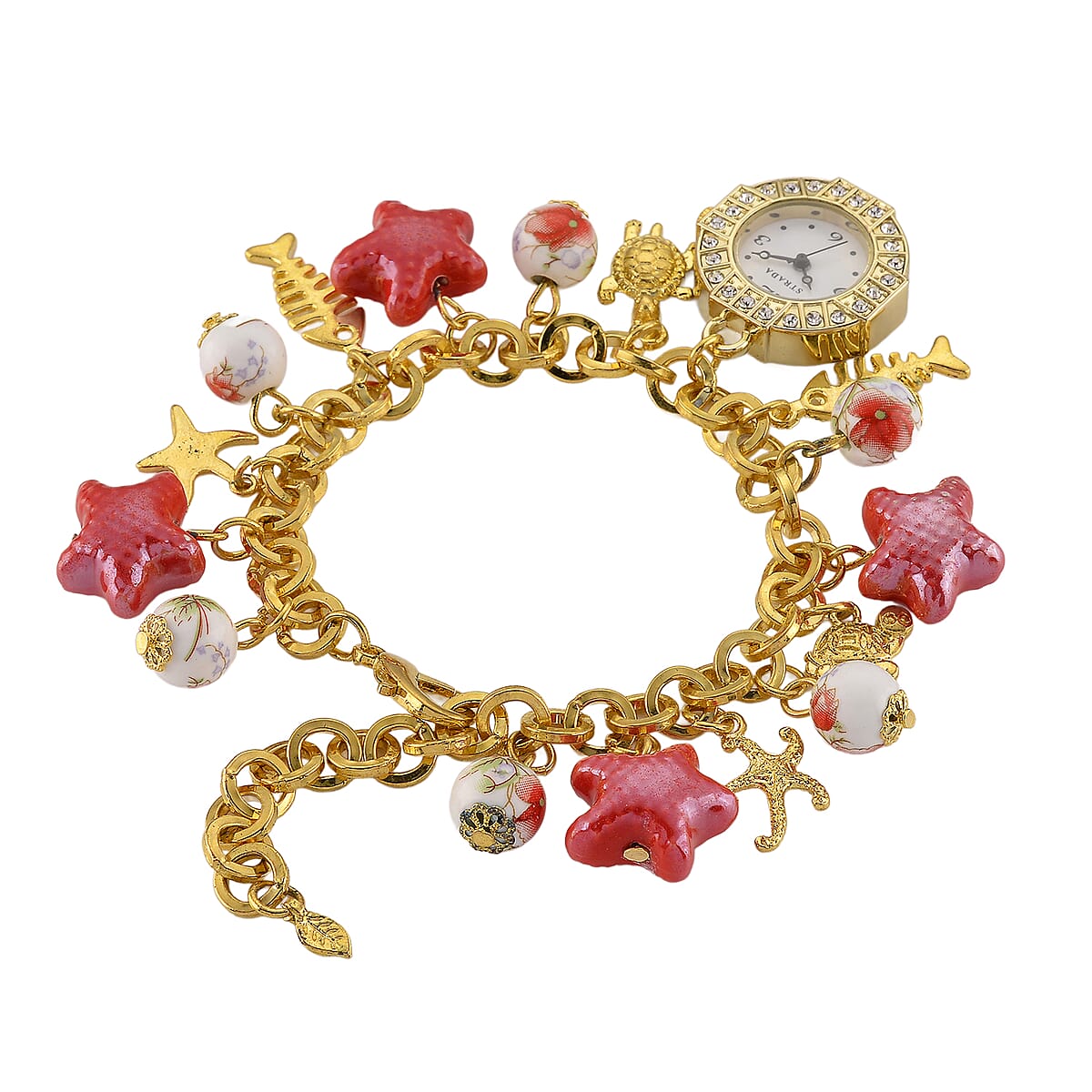 Strada SL68 Quartz Movement Stretch Bracelet Watch Red Ceramic Beads and Star, Charms in Goldtone image number 3