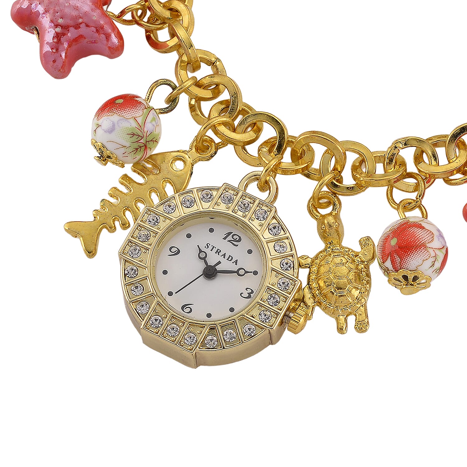 Strada SL68 Quartz Movement Stretch Bracelet Watch Red Ceramic Beads and Oceanic Charms in Goldtone