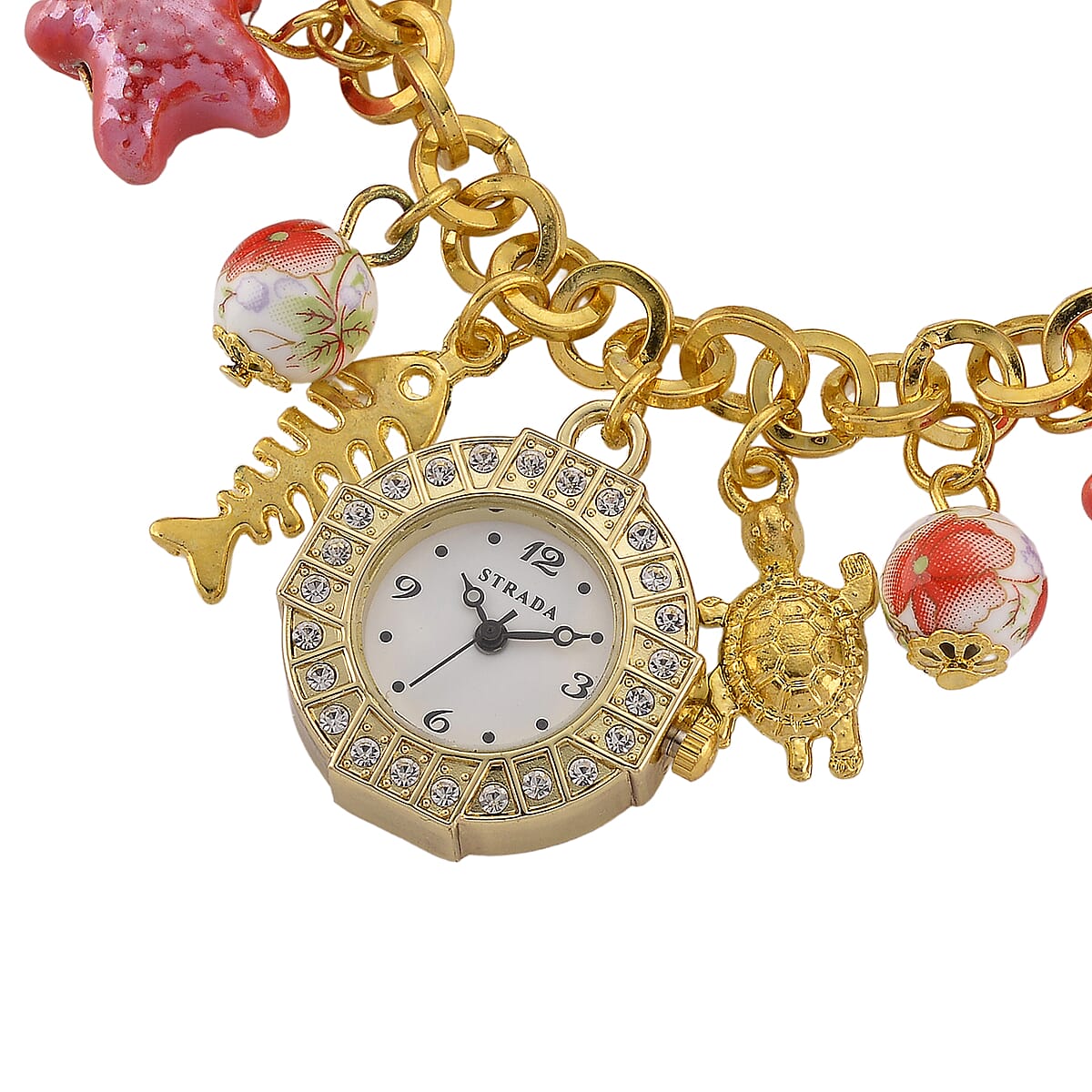 Strada SL68 Quartz Movement Stretch Bracelet Watch Red Ceramic Beads and Star, Charms in Goldtone image number 4