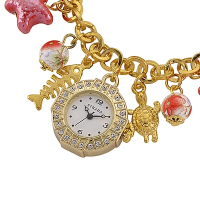 Strada SL68 Quartz Movement Stretch Bracelet Watch Red Ceramic Beads and Oceanic Charms in Goldtone