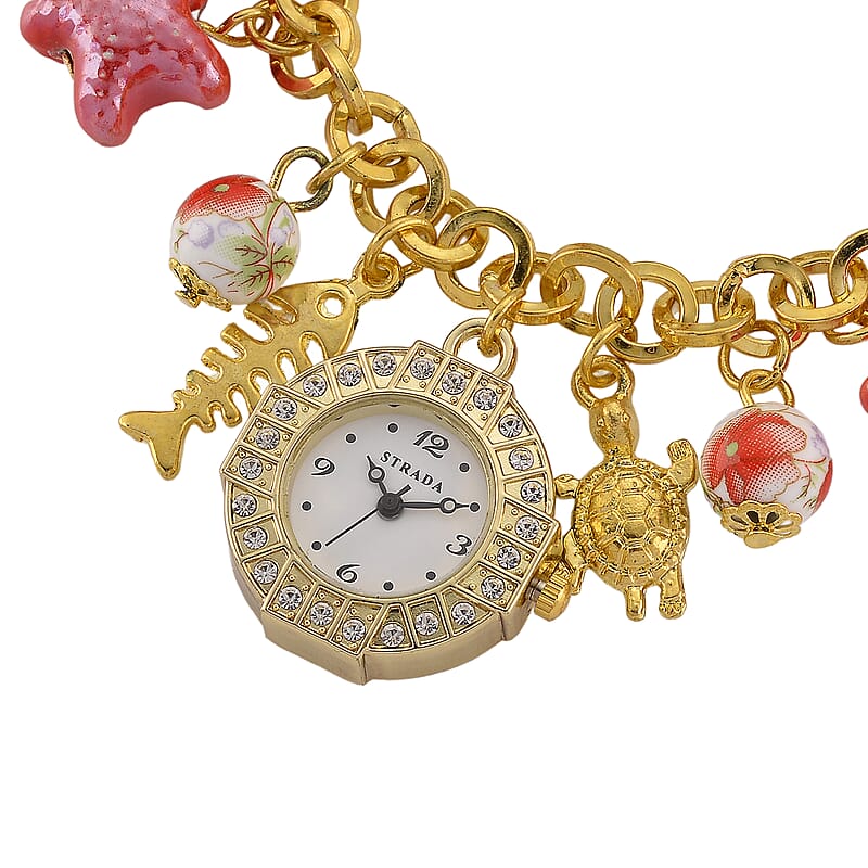Strada SL68 Quartz Movement Stretch Bracelet Watch Red Ceramic Beads and Oceanic Charms in Goldtone