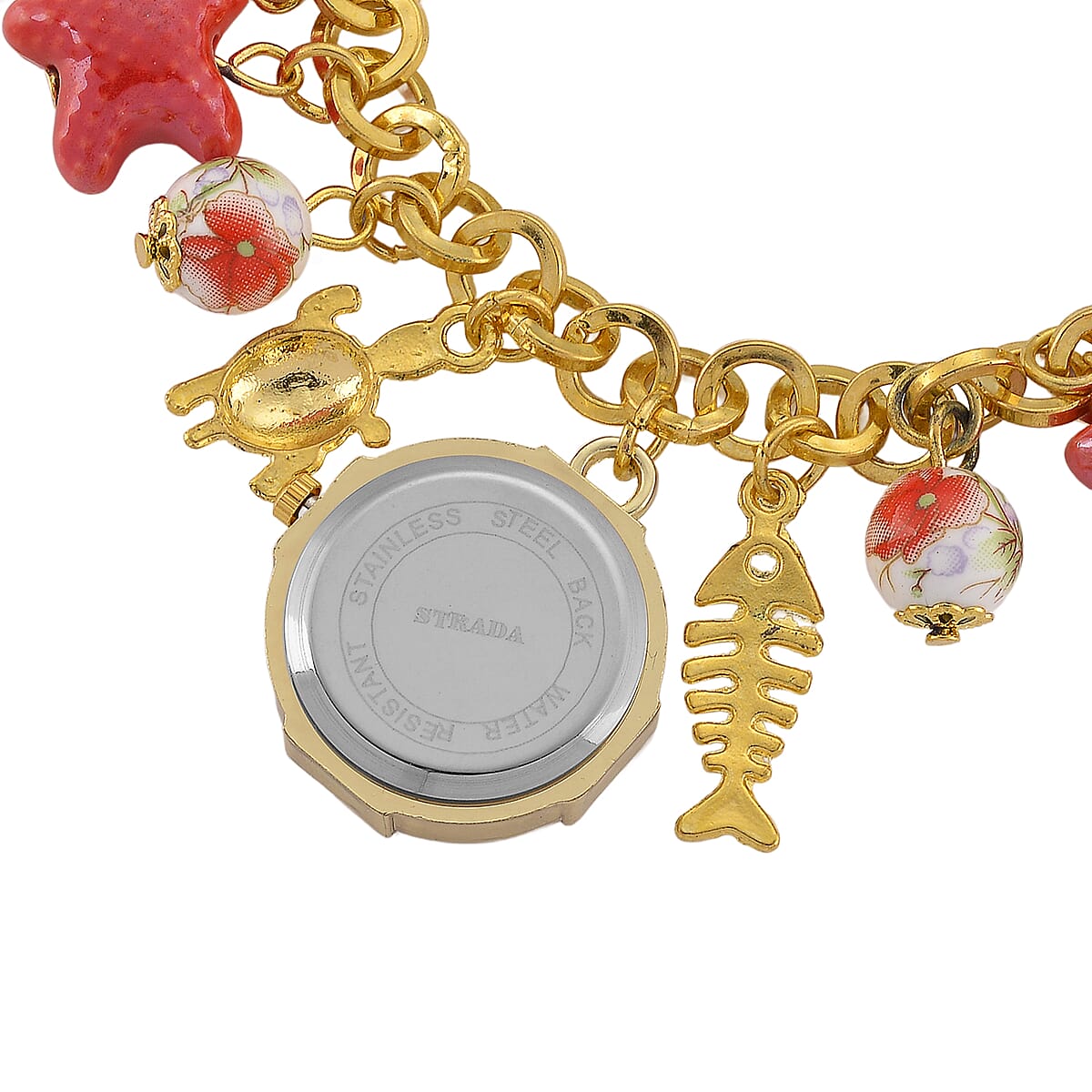 Strada SL68 Quartz Movement Stretch Bracelet Watch Red Ceramic Beads and Star, Charms in Goldtone image number 5