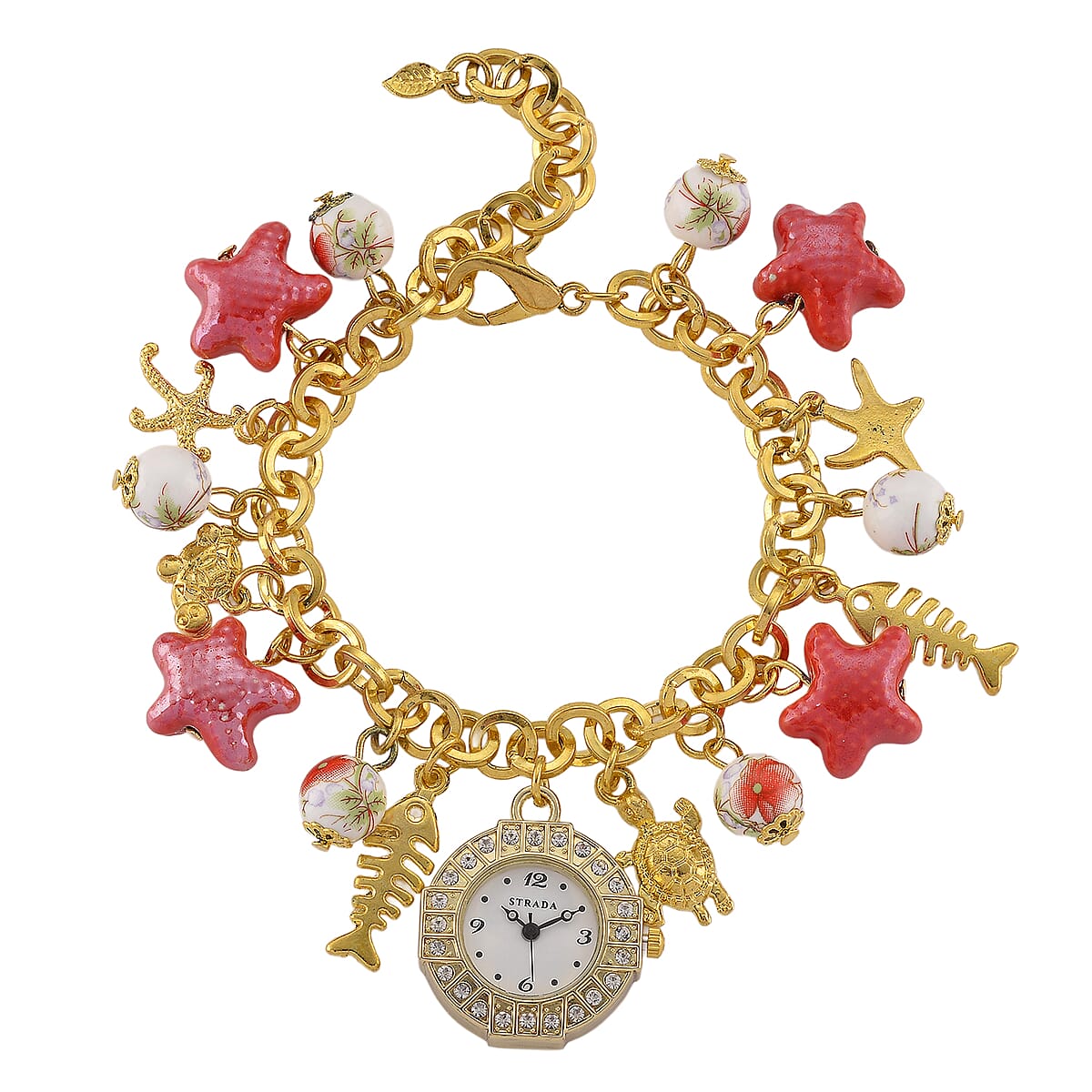 Strada SL68 Quartz Movement Stretch Bracelet Watch Red Ceramic Beads and Star, Charms in Goldtone image number 6