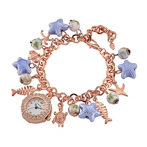 Strada SL68 Quartz Movement Stretch Bracelet Watch Blue Ceramic Beads and Star, Charms in Rostone