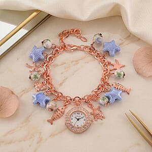 Strada SL68 Quartz Movement Stretch Bracelet Watch Blue Ceramic Beads and Star, Charms in Rostone