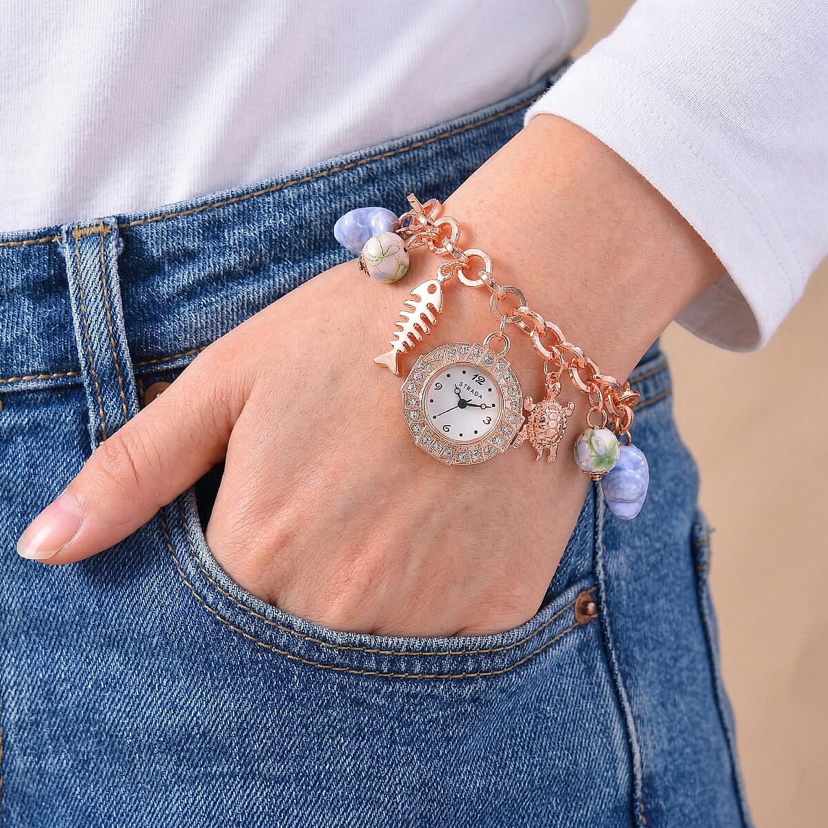 Strada SL68 Quartz Movement Stretch Bracelet Watch Blue Ceramic Beads and Star, Charms in Rostone image number 2