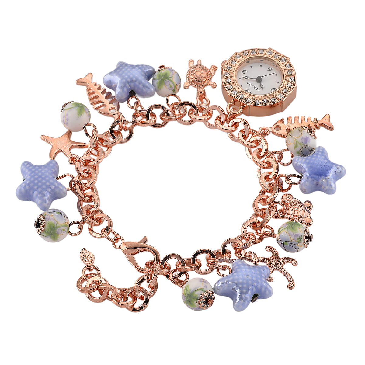 Strada SL68 Quartz Movement Stretch Bracelet Watch Blue Ceramic Beads and Star, Charms in Rostone image number 3