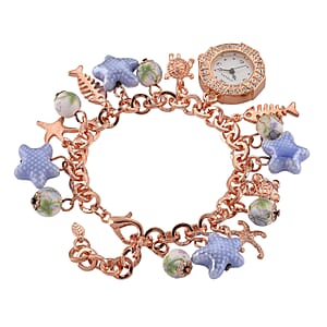 Strada SL68 Quartz Movement Stretch Bracelet Watch Blue Ceramic Beads and Star, Charms in Rostone