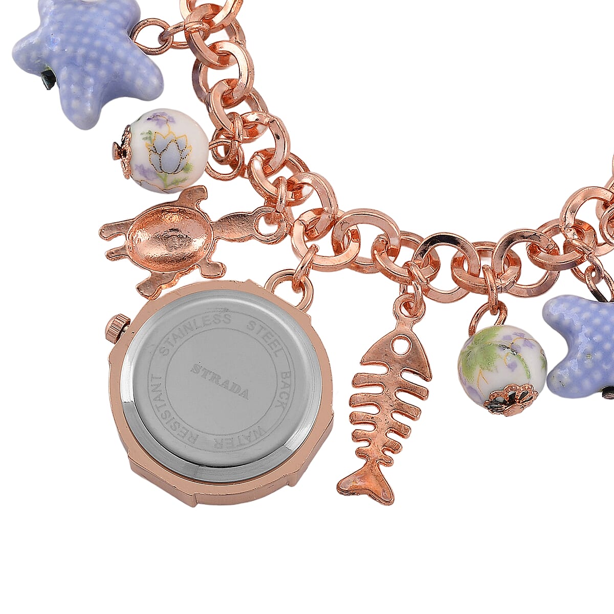 Strada SL68 Quartz Movement Stretch Bracelet Watch Blue Ceramic Beads and Star, Charms in Rostone image number 5