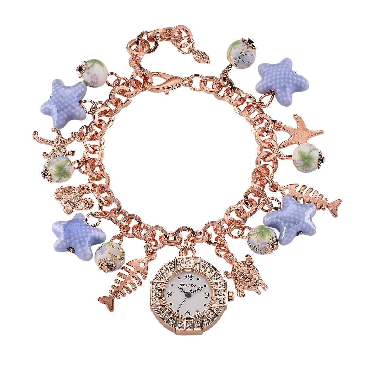 Strada SL68 Quartz Movement Stretch Bracelet Watch Blue Ceramic Beads and Star, Charms in Rostone image number 6