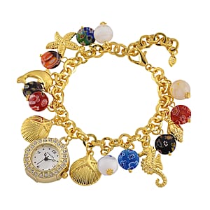 Strada SL68 Quartz Movement Stretch Bracelet Watch Murano Style Beads and Charms in Goldtone