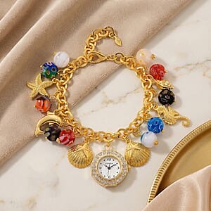 Strada SL68 Quartz Movement Stretch Bracelet Watch Murano Style Beads and Charms in Goldtone