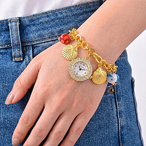 Strada SL68 Quartz Movement Stretch Bracelet Watch Murano Style Beads and Charms in Goldtone