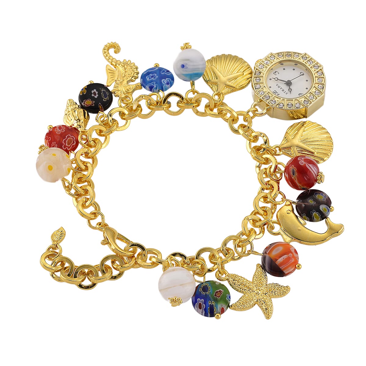 Strada SL68 Quartz Movement Stretch Bracelet Watch Murano Style Beads and Charms in Goldtone image number 3