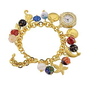 Strada SL68 Quartz Movement Stretch Bracelet Watch Murano Style Beads and Charms in Goldtone