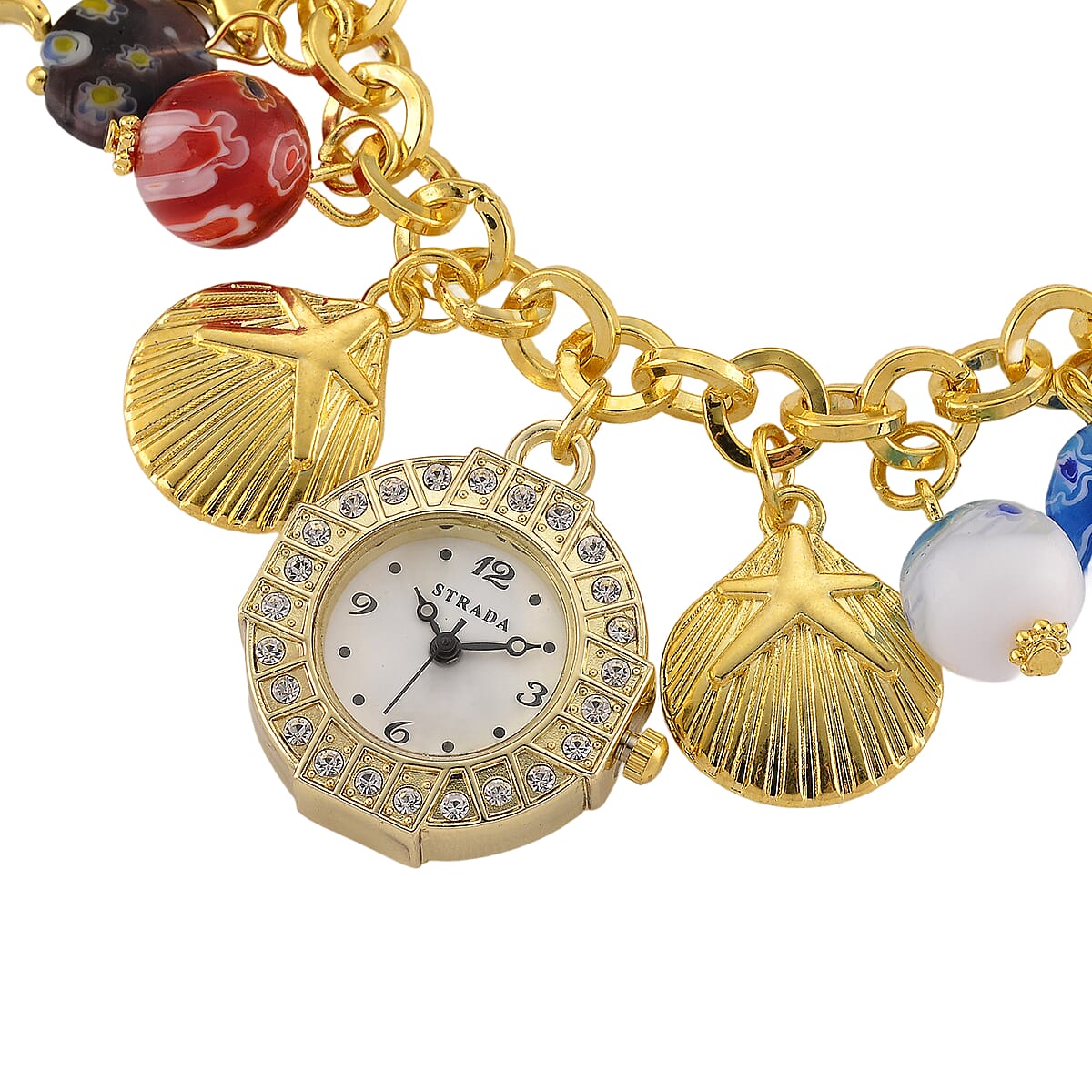 Strada SL68 Quartz Movement Stretch Bracelet Watch Murano Style Beads and Charms in Goldtone image number 4