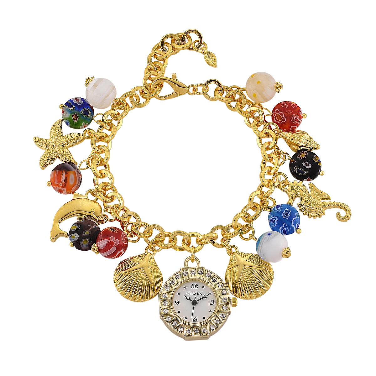 Strada SL68 Quartz Movement Stretch Bracelet Watch Murano Style Beads and Charms in Goldtone image number 6