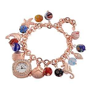 Strada SL68 Quartz Movement Stretch Bracelet Watch Murano Style Beads and Charms in Rosetone