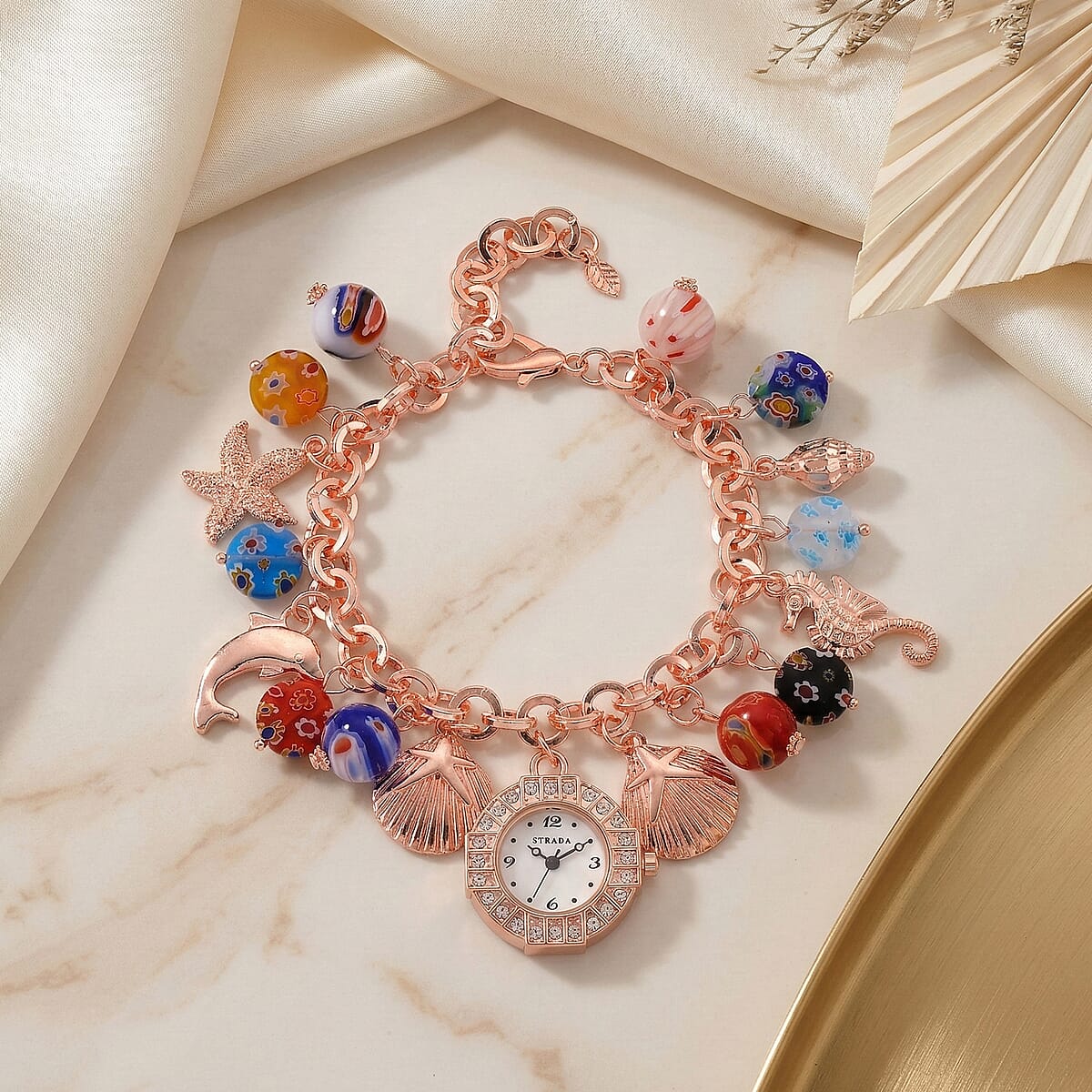 Strada SL68 Quartz Movement Stretch Bracelet Watch Murano Style Beads and Charms in Rosetone image number 1