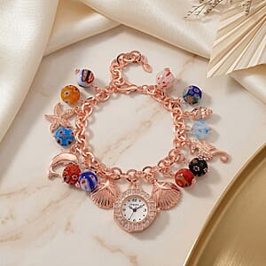 Strada SL68 Quartz Movement Stretch Bracelet Watch Murano Style Beads and Charms in Rosetone