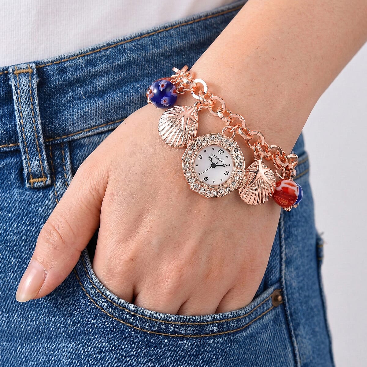 Strada SL68 Quartz Movement Stretch Bracelet Watch Murano Style Beads and Charms in Rosetone image number 2