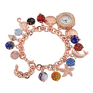 Strada SL68 Quartz Movement Stretch Bracelet Watch Murano Style Beads and Charms in Rosetone