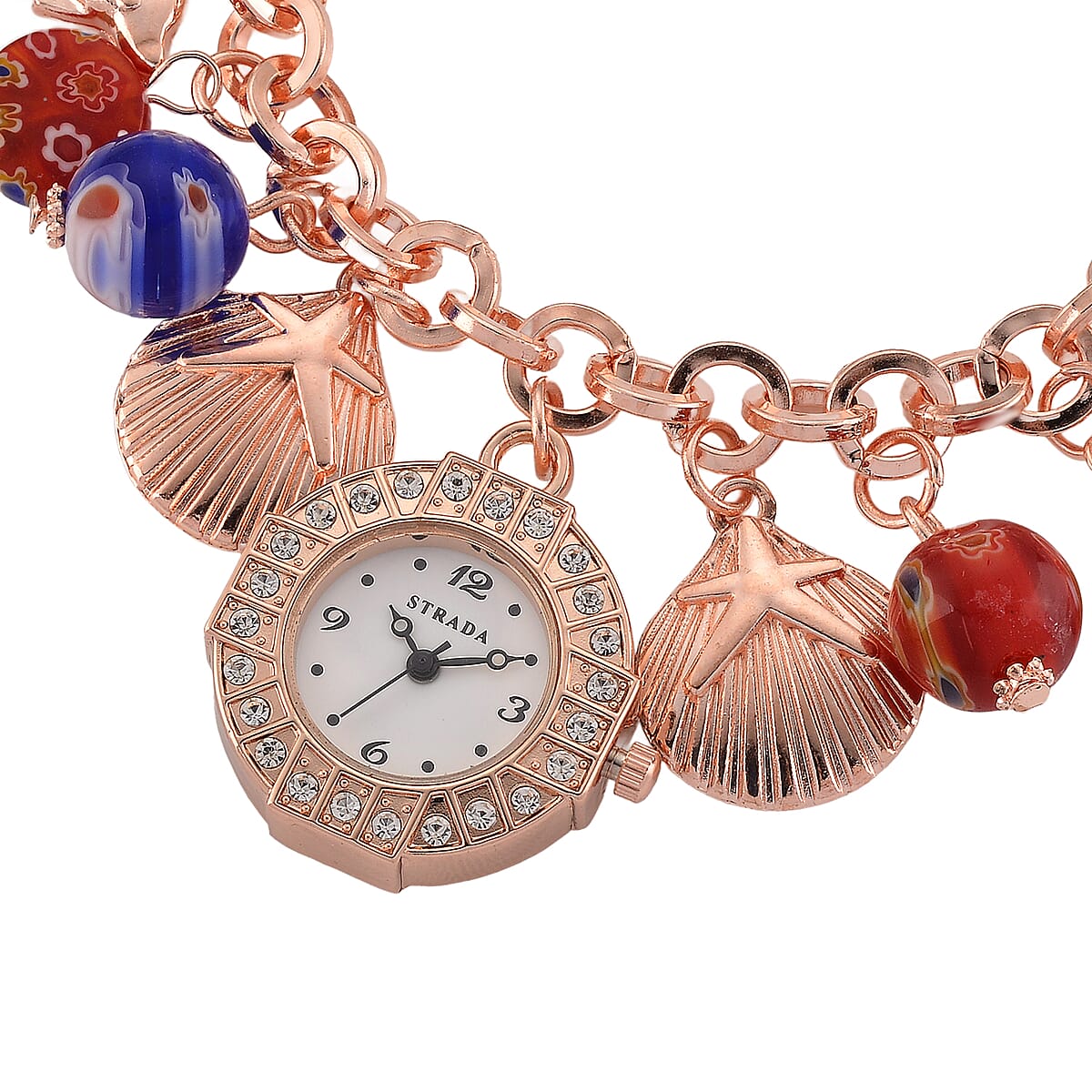 Strada SL68 Quartz Movement Stretch Bracelet Watch Murano Style Beads and Charms in Rosetone image number 4