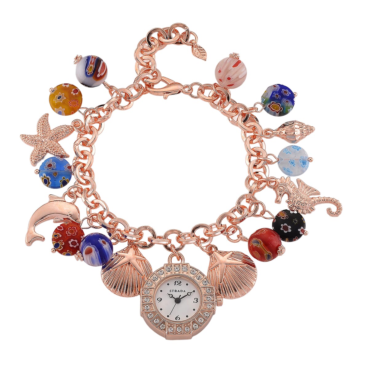 Strada SL68 Quartz Movement Stretch Bracelet Watch Murano Style Beads and Charms in Rosetone image number 6
