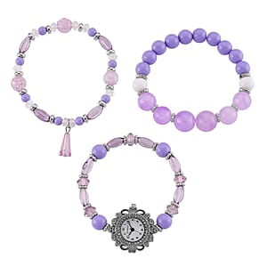 Strada Purple Glass SL68 Quartz Movement Watch and 2pcs Silvertone Bracelet (7-7.5In)