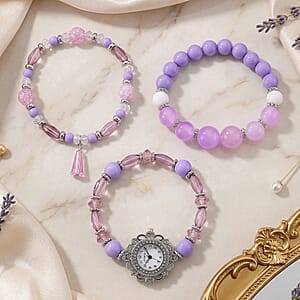 Strada Purple Glass SL68 Quartz Movement Watch and 2pcs Silvertone Bracelet (7-7.5In)