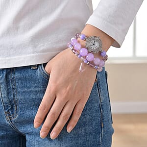 Strada Purple Glass SL68 Quartz Movement Watch and 2pcs Silvertone Bracelet (7-7.5In)